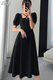 Summer Women Fashion Elegant Casual Solid Puff Sleeve Midi Dresses Evening Office Lady Female A Line Clothes Vestdios