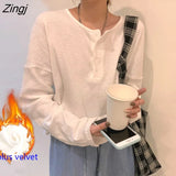 Sleeve T-shirts Women Elegant Simple Pure Button Design Retro Ins Autumn Ladies Tees Top All-match BF Style Mujer