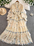 Retro Court Wind Hollow Lace Splicing Lantern Sleeve Collection Waist Single Buckle Print Dress 2025 Spring