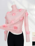 Zingj French Lace Undershirt Female Rose With Long-Sleeved T-Shirt Three-Dimensional Flower Mesh Advanced Sense