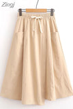 Women Skirt Summer Korean Style Solid Elastic High Waist Midi Long Skirt With Belt Female Office Ladies