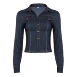 Style Personality Hottie Work Clothes Imitation Denim Shirt V-Word Collar Three Buckle Cardigan Casual