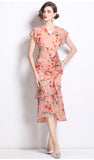 Retro Niche Design Drawstring Print V-Neck Dress Summer Women's Pocketed Fishtail Skirt