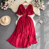 Summer New Temperament V-Neck Elasticity To Collect The Waist Of The Long Seaside Vacation Beach Chiffon Dress