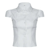 Zingj Style Simple Solid Color Pocket Short-Sleeved Shirt Female Polo Collar Single Breasted Waist Show Thin