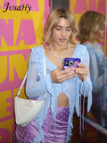 Women Light Blue Y2K Sweet Street Casual Sexy Slightly Transparent Ruffle Lace Up Decoration Elastic Slim Chic