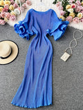 Round Neck Flare Short Sleeve Pleated Long Dress Vintage High Waist Ruffles Female Vestidos New Fashion Robe Mujer
