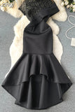 Women Black Sexy Lace Embroidered Pastchwork Party Long Dress Elegant Stand Collar Short Sleeve Ruffle Hem Maxi Robe