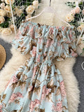 Floral Chiffon Midi Dress Women Sexy Slash Neck Ruffle Short Sleeve A-line Printed Vacation Beach Vestidos Robe