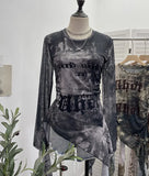 Shooting Babes Long Sleeves And Jersey Net Yarn Dye Printing Irregular Lotus Leaf Edge Ribbon Folding Top