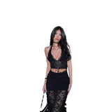 V Sexy Lace Eyelash Hanging Neck Tie With Stylish Short Vest Woman
