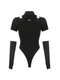 Rib Knit Hollow Out Bodysuit Two Piece Set Patchwork Short Sleeve Bodycon Jumpsuit for Women Goth Top Black Body