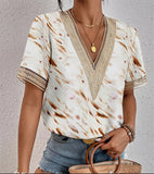 Women's Dress V-Neck Lace Loose Top Commuter Short-Sleeved Shirt Women Splicing