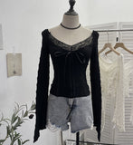 Shooting Merard Wind Strapted Bow Splicing Lace Pure Desire Blouse Folding Body Short Blouse