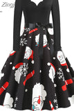 Women Christmas Dress Winter Long Sleeve V Neck Pumpkin Print Halloween Costume Party Dresses Casual Vintage S~3XL