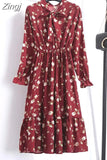 Floral Print Women Dress Female Autumn Long Sleeve Vintage Chiffon Bow Tie Neck Office Lady Shirt Dress Summer
