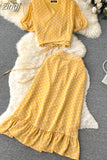 Women Polka Dot Chiffon Two Piece Set Vintage V-Neck Bandage Short Tops + High Waist Mermaid Skirt 2Pcs Suits New