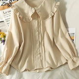 Sweet Peter Pan Collar Blouse Women Korean Preppy Style Puff Sleeve White Shirts Office Lady Elegant Design Button