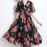 V-Neck Print Chiffon Dress Women's Waist Thin Temperament Lotus Leaf Side Short Sleeves To Close The First Love Fairy