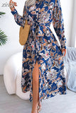Flower Shirt Long Dress Women Lapel Button up Full Sleeve Dresses Female Fashion Casual Lace Up Maxi Dress Spring