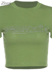 Fashion Letter Printed Short Sleeve Vintage Crop Top 2023 Summer Women Sexy Skinny T Shirt Female Streetwear Tee