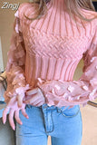 Clothes Women Sweaters Fashion Lantern Chiffon Sleeve Spliced Knit Sweater Turtlenck Autumn Pullover Casual Blusas