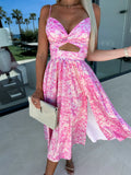 Zingj Summer New Fashion Socialite Deep V Hollow-Out Big Skirt Spread Slit Halter Dress Dress