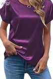 Summer Tops Woman Short Sleeve Silk Blouse Loose Casual O-Neck Solid Shirts Fashion Satin Clothing Elegant