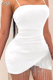Women Sleeveless Strap Tassels Bodycon Dress Clubwear 2023 Summer Evening Party Bandage Short Mini Asymmetrical Hem
