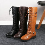 Large-Size Knight Boots Women Low And Flat Bottom Round Head Belt Buckle Cross-Tie