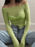 Mesh Long Sleeve Off Shoulder Top- Outfit