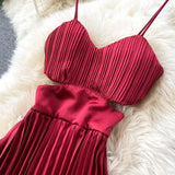 Sexy Spaghetti Strap Dress Women Elegant Hollow Out High Waist Pleated Vestidos Female Party Robe New