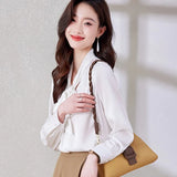 Spring New White Shirt Women Bow Ribbon Elegant Shirts Fashion Womens Tops Satin Female Clothing OL Silk Shirts and