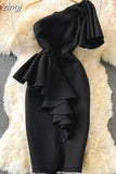 Off Shoulder Party Dress Women Summer Diagonal High Waist Irregular Ruffle Bodycon Vestidos Female Casual Red/Pink Robe
