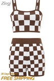Women Knitted 2 Piece Summer Shorts Set Sleeveless Vintage Printed Crop Tank Top Elastic High Waist Shorts