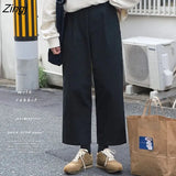 Pants Women Wide Leg Solid High Waist Japanese Thicker Winter Fashion All-match Clothing Pockets Casual