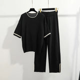 Summer Women's Clothing Age Reduction Ocean Casual Loose Fashion Set Short-Sleeved Knitted Jersey Broad Leg Pants Two