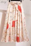 Women Summer Floral Print Chiffon Girls Spring Korean A-Line High Waist Ladies Elegant Office Holiday Midi