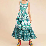 Women's New Printing Square Neck Tie Sling Skirt Folds Body Dress Dress