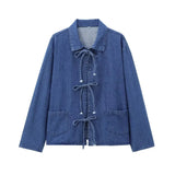 Women's Spring New Collar Bows Decorated With Long-Sleeved Pocket Wash Denim Shirt Pocket