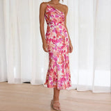 New Fashion Print Temperament Collared Shoulder Sling Sling Mid-Long Dress