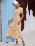 Boho Beach Long Dress Women Summer Short Sleeve Floral Print Sundress Vacation
