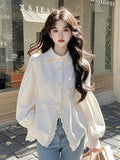White Lace Splicing Shirt Women's New Spring 2025 Design Sense Age-Reduce T-Shirt