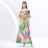 Wind Shoulder Lotus Leaf Side Bright Silk Print Dress Girl Spring Waist Temperament Big Chiffon Long
