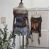 Shot Shoulder Strap Tie Dyed Net Shawl Shirt T-Shirt T-Shirt T-Shirt Design Folded Long-Sleeved T-Shirt