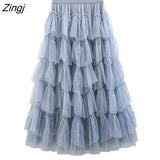 Sweet Multilevel Tulle Long Skirt Women Elastic High Waist A-line Pleated Mesh Skirt Gothic Lolita Female Jupe