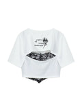 Style Fake 2 Piece Irregular Suspender T Shirt Women Summer 2023 Casual O Neck Short Sleeve Back Hollow Design Lady