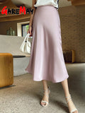 Silk Satin Midi Skirt for Women 2023 New Elegant High Waist A Line Solid Office Balck Long Skirt Women