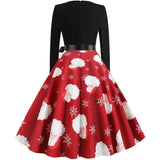Women Christmas Long Sleeve Print Elegant Vintage Knee-length Party Dress Robe Autumn Winter Casual Xmas