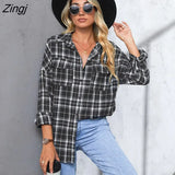 PETAL Black Plaid Long Sleeve Blouse For Woman Casual Pockets Button Up Shirts Top 2023 Spring Autumn Blouses